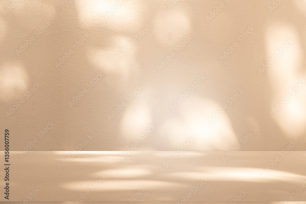 Poster Wall interior background, studio and backdrops show products. with leaf shadow from window color beige and white. background for text insertion and presentation of product	