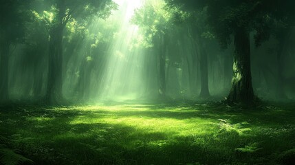 Obraz premium Lush green forest bathed in sunlight