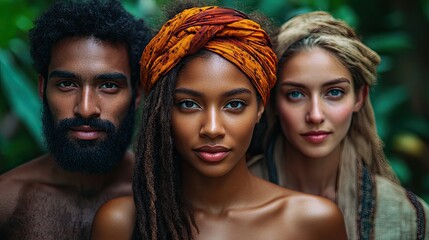 Diverse friends pose jungle foliage background