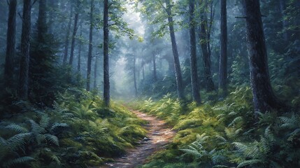 Obraz premium A hidden woodland trail winding through a misty forest, dappled in the soft glow of early morning light. Dew-covered ferns and moss-covered trees add depth to the tranquil scene, creating a mystical,