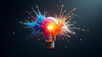 Creative light bulb explodes with colorful paint and splashes on a black background. Think differently creative idea concept