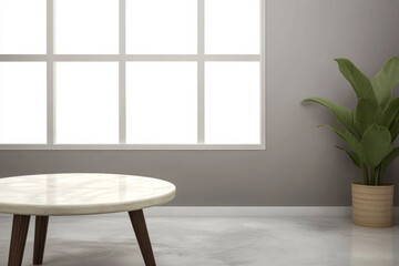 Modern living room featuring a round marble table and large window with natural light