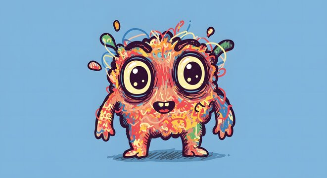 Colorful and whimsical monster character with vibrant rainbow fur, large expressive eyes, and a playful expression. Standing on a soft pink background.