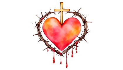 The image symbolizes the Sacred Heart of Jesus, surrounded by a crown of thorns and a cross, representing divine love and sacrifice