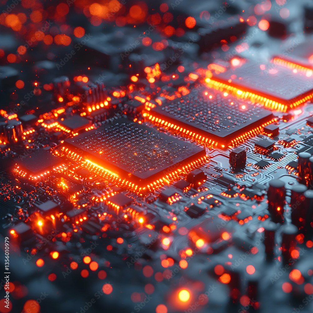 Poster intense glowing circuit board image. ideal for tech presentations science projects or illustrating m