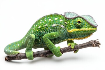 Fototapeta premium Bright green chameleon perched on a twig in a natural setting during daylight