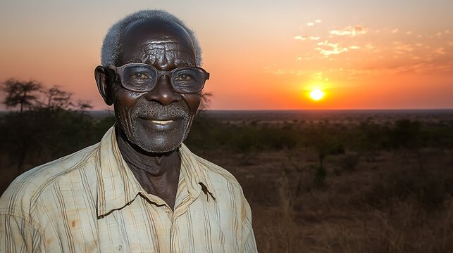 Smiling elder man at sunset in African savanna.