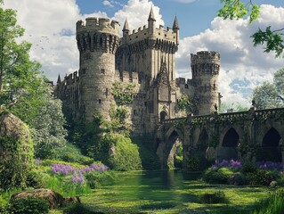 Majestic Medieval Castle Surrounded by Lush Greenery and Water