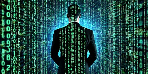 Man facing digital code wall.