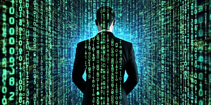 Man facing digital code wall.