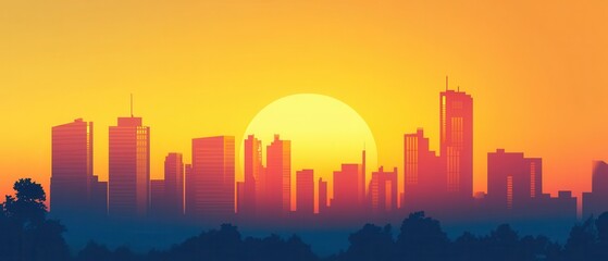 Fototapeta premium Vibrant City Skyline at Sunset with Silhouette and Warm Hues