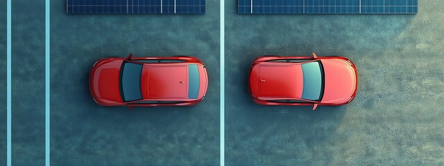 Two Red Cars Parked Near Solar Panels