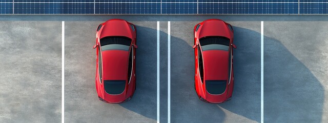 Two Red Electric Cars Parked Near Solar Panels