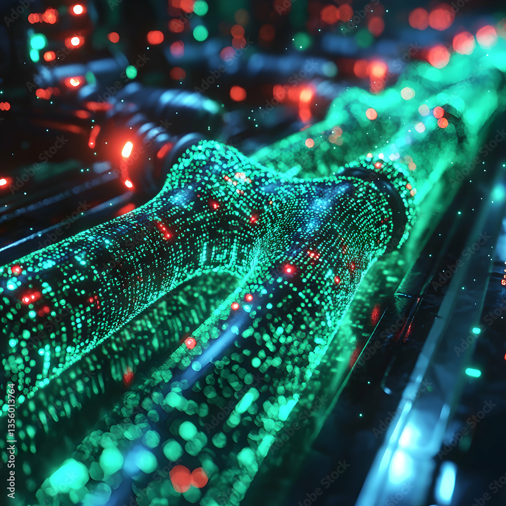 Poster high-tech image of glowing pipes transmitting data visualizing digital information. could illustrate