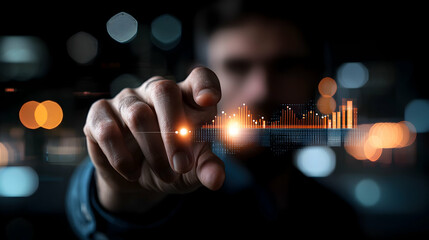 Man Interacting with Holographic Data Interface at Night