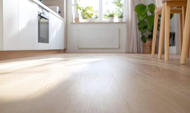Low angle luxury vinyl plank flooring showing off natural oak pattern extending into modern white kitchen, Generative AI