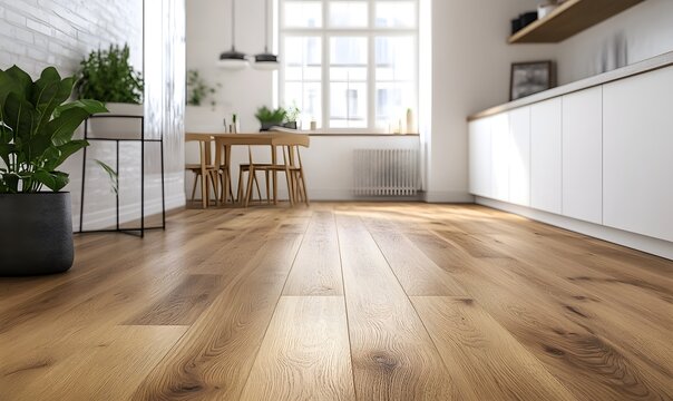 Low angle luxury vinyl plank flooring showing off natural oak pattern extending into modern white kitchen, Generative AI