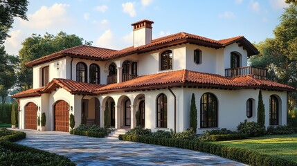 Fototapeta premium Elegant Spanish-Style Villa with Terracotta Roof and Arched Windows