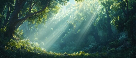 Sunlight Filtering Through Lush Green Trees in Enchanted Forest