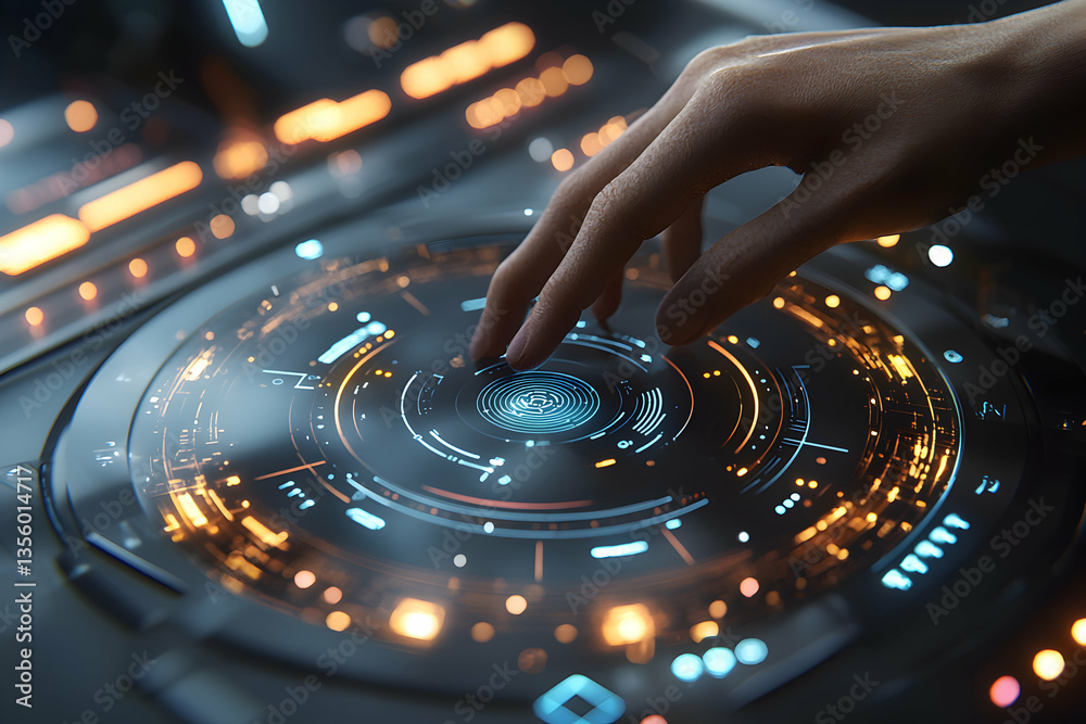 Poster a hand interacts with a futuristic interface. suggestion: use for sci-fi ui design exploration futur