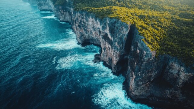 Aerial View of Lush Green Cliffs and Turquoise Ocean Waves