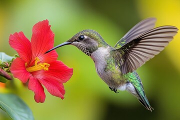 Fototapeta premium Hummingbird feeding on vibrant red flower in a lush garden during daylight