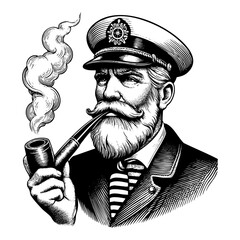 sailor with pipe  sketch engraving black and white outline. Scratch board imitation.