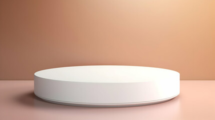 A minimalist white pedestal awaits, poised on a soft blush surface against a warm, peach backdrop, ready for its moment to shine.