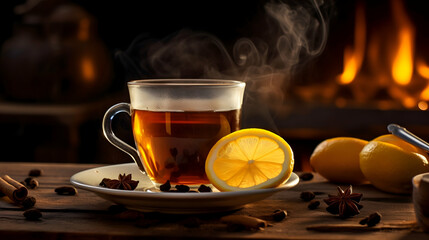 A steaming cup of spiced tea, warming hearts by a cozy fireplace on a chilly evening, with soft, golden lighting.