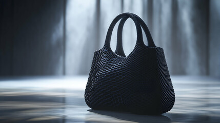 A sophisticated dark handbag, elegantly poised, exudes timeless style with a subtly textured weave and soft, diffused lighting.