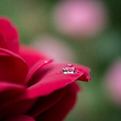 A single, pristine water droplet delicately resting on a deep red rose petal. The droplet’s smooth, glass-like surface reflects an inverted image