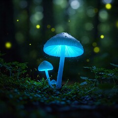 A mystical bioluminescent mushroom glowing with a soft neon blue light, nestled in the damp forest floor. The delicate gills underneath the cap