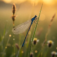 A stunning dragonfly perched on a slender blade of grass, its iridescent wings shimmering with electric blues, purples, and greens. Tiny dewdrops cling to the grass