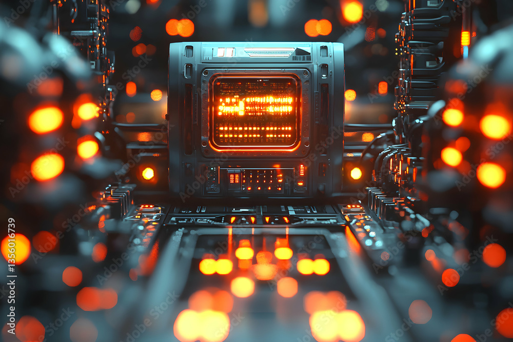 Poster futuristic tech display glows with orange light in a metallic environment. great for digital art pro