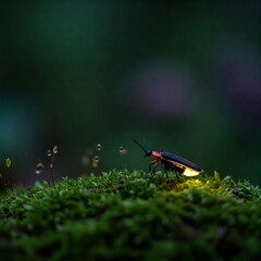 A single firefly resting on a soft bed of emerald green moss, its bioluminescent body glowing with a warm golden light.