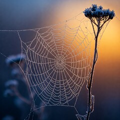 A mesmerizing close-up of delicate ice crystals forming on dewdrops suspended in a spiderweb at dawn. The intricate frost patterns shimmer in the first rays of sunlight