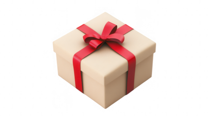 a beautifully wrapped gift box in a neutral color with a vibrant red ribbon and bow symbolizing celebration and generosity