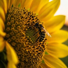 A honeybee, dusted with golden pollen, perched delicately on the center of a vibrant sunflower