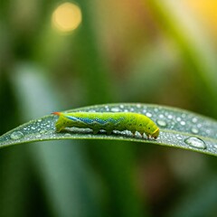 A vibrant green caterpillar crawling slowly along the surface of a dew-covered leaf, its tiny legs gripping the delicate veins