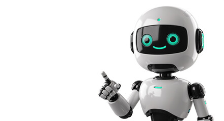Positive cute robot pointing at a space. Generative AI