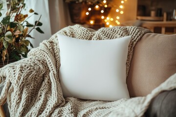 Blank white pillow nestled in a cozy living room