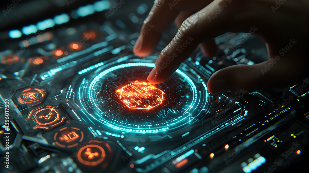 Poster a hand interacts with a futuristic tech interface glowing with neon colors. suggesting a data contro