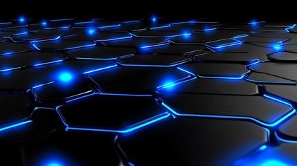 Fototapeta premium Abstract black hexagonal grid with blue neon lights.