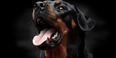Obraz premium A handsome black and brown dog looks up with open mouth