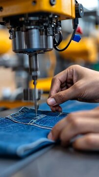 Worker sewing denim jeans on a sewing machine in a textile factory with machinery in the background