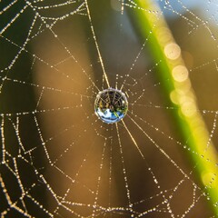 A mesmerizing close-up of a glistening dewdrop suspended in the center of a delicate spiderweb. The droplet acts as a perfect tiny len