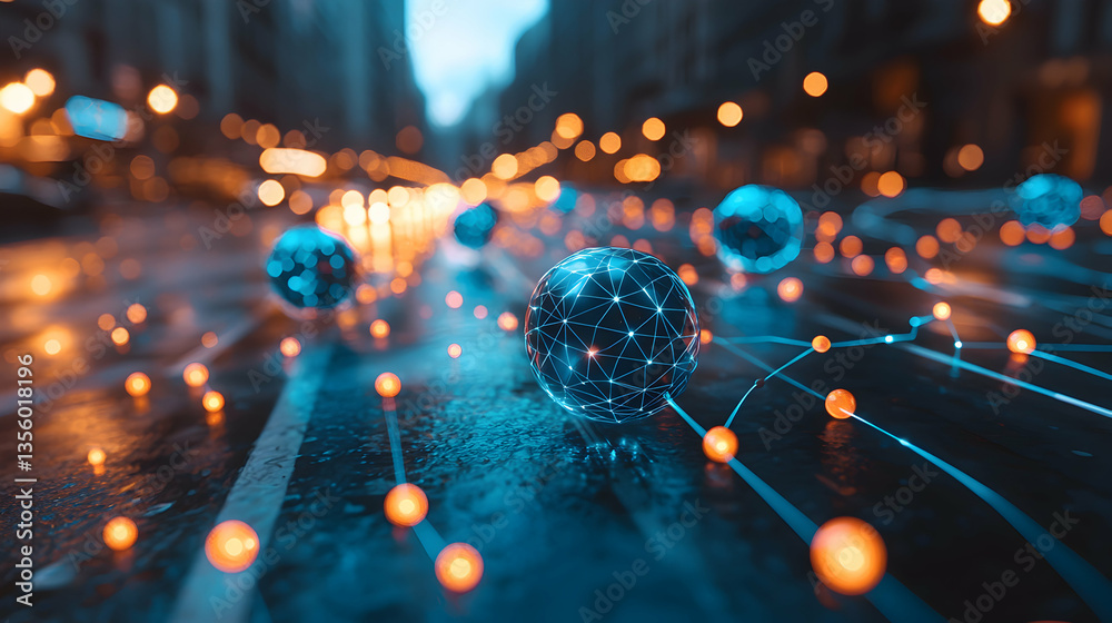Poster abstract image with glowing spheres representing data networks. it could symbolize technology or mod