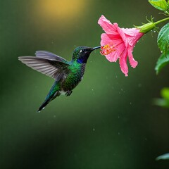 A dazzling iridescent hummingbird hovers in mid-air, its tiny wings a blur of motion as it delicately sips nectar from a dew-covered pink hibiscus flower
