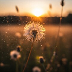 A single dandelion seed drifting weightlessly through the air, its delicate filaments catching the soft golden light of a setting sun.