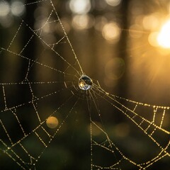  lone, glistening dewdrop delicately balanced on a gossamer spiderweb, suspended in the air like a miniature universe. Sunlight refracts through the droplet, splitting into mesmerizing rainbow hues. 